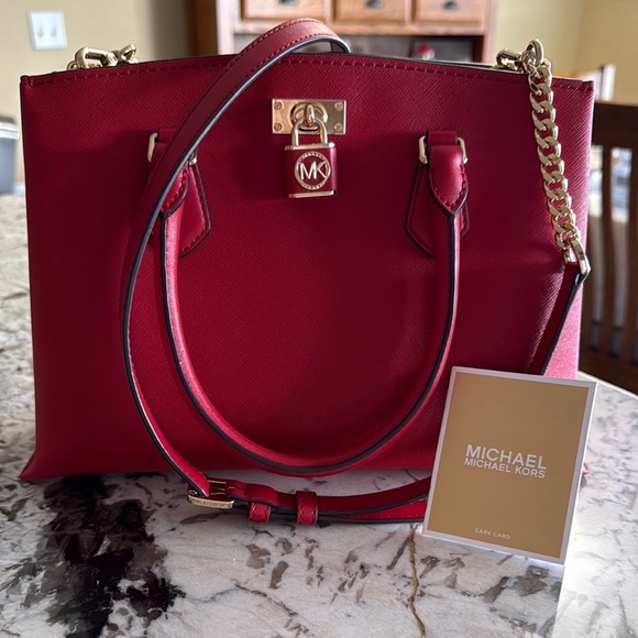 Michael Kors Ruby Satchel Leather Handbag Crimson - Picture 2 of 12